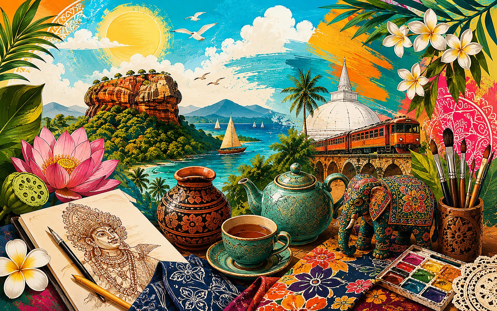 Sigiriya, a stupa and the hill-country train above a maker's table — lotus, terracotta, a Ceylon teapot, a painted elephant, batik cloth and a paint box
